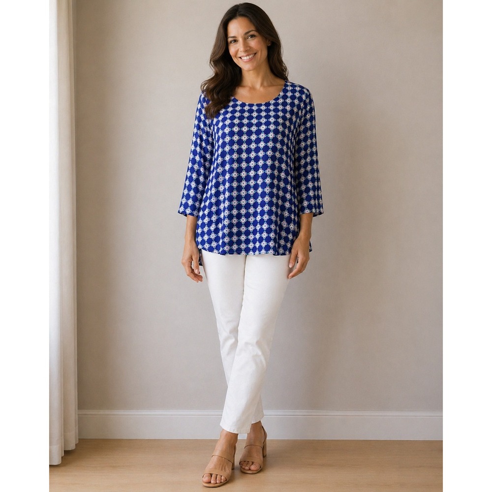 41 Hawthorn Womens Blue Medallion Print 3/4 Sleeve Scoop Neck Blouse Size M